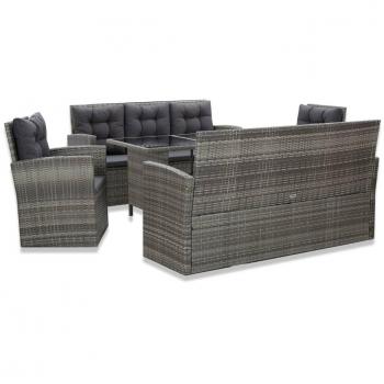 Set de comedor de jardín 5 piezas y cojines ratán sintético gris