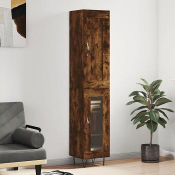 Aparador alto de madera contrachapada roble ahumado 34,5x34x180 cm con 1 puerta de cristal, mueble de almacenaje para salón, buffet y armario auxiliar