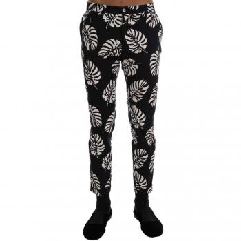 Dolce & Gabbana White Black Leaf Cotton Stretch Slim Pants - IT44 | XS