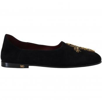 Dolce & Gabbana Black Suede Gold Cross Slip On Loafers Shoes - EU39/US6, Male, Black, Size: 6 US, Black Gold Crystal Sequined