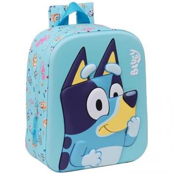 Mochila Escolar 3D Bluey Celeste 22x27x10 cm, Adaptable a Carro, Fácil Limpieza, Cómoda y Versátil