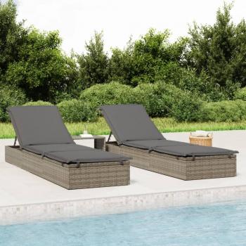 Gray Poly Rattan Sunbeds Set with Table - 2 pcs