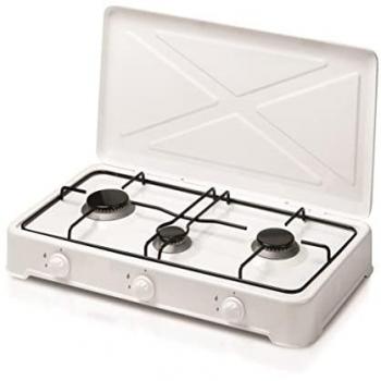 Hornillo Portátil Solthermic LP300 - Cocina a Gas para Camping con Superficie Esmaltada y 3 Fuegos, Color Blanco