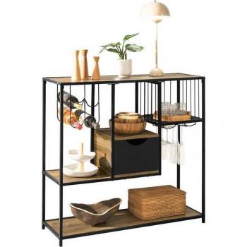 Estantería de cocina industrial con 3 estantes, 1 cajón y soportes para botellas, dimensiones 100 x 95 x 33 cm