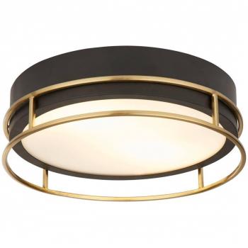 Plafón Phoenix de Searchlight, Ø 30 cm, negro y latón, IP44, vidrio esmerilado