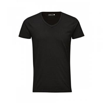 Camiseta Básica de Manga Corta Jack & Jones Ajustada con Cuello Pico Negra