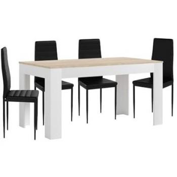 Mesa Extensible de Comedor o Cocina Blanca con 4 Sillas en Polipiel y Metal Negro