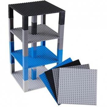 Pack de 4 Bases con Ladrillos separadores 2 x 2 - Construcción en Forma de Torre - Compatible con Todas Las Marcas - 15,24 x 15,24 cm - Azul, Gris, Negro