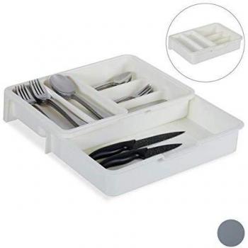 Porta utensilios de cocina ajustable, 7 compartimentos, plástico blanco, 6x23,5x31,5 cm