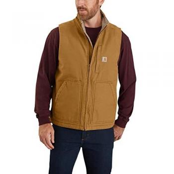 Carhartt Chaleco Utilitario Washed Duck Lined Mock Neck para Hombre, color Marrón, talla XXL, diseño Loose Fit, fabricado en lona de algodón con efecto desgastado y forro Sherpa
