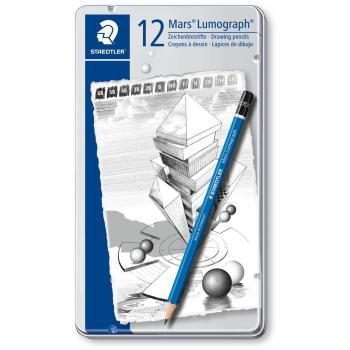 STAEDTLER Mars Lumograph 100 G12, Pack de 12 lápices de dibujo de distinta dureza, Azul