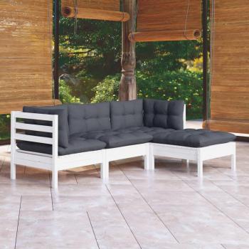 Set de Sofás de Jardín 4 Piezas con Almohadas Blancas de Madera de Pino