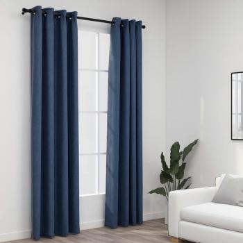 Cortinas de Oscurecimiento Efecto Lino con Ojales 2 Piezas Azul 140x225 cm