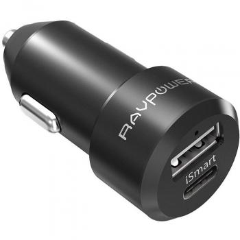 Cargador de Coche Rapida USB C 24W 4.8A con Puerto Tipo C y Micro USB Adaptador Mechero Coche con Tecnologia iSmart para iPhone, iPad, Samsung Galaxy, LG Nexus, Motorola, Blackberry y Más – Negro