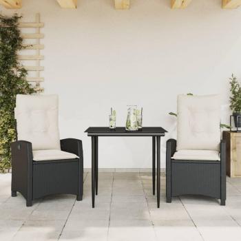 3-Piece Black Poly Rattan Garden Dining Set with Cushions