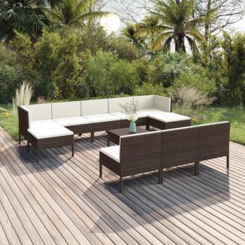 11-Piece Brown Poly Rattan Garden Lounge Set with Cushions