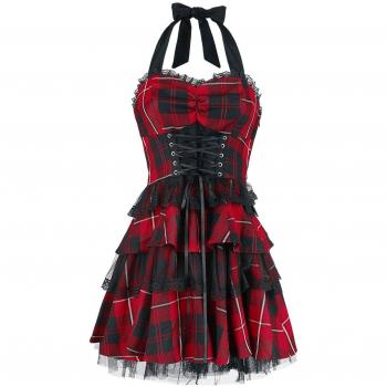H&R London Red Tartan Gothic Dress Vestido Negro/Rojo XXL