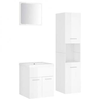 Juego de muebles de baño de madera de ingeniería blanco brillo con múltiples capas pulidas, incluye lavabo, fregadero, armario, espejo y grifo