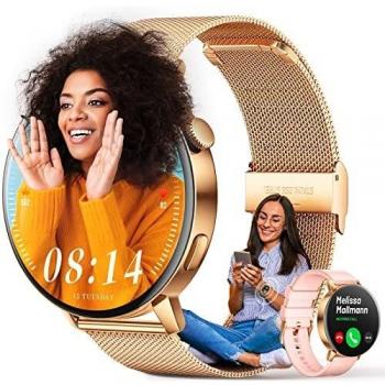 FMK Reloj Inteligente Mujer Redonda con Llamadas Bluetooth, Smartwatch Mujer con Whatsapp, 1.32 Reloj