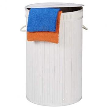 Cesto Ropa Sucia Plegable de Bambú con Tapa, Redondo, 65 Litros, Ø 40 cm, Blanco