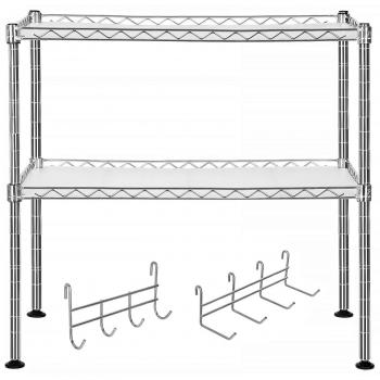 SONGMICS Estante para Horno de Microondas, Soporte Organizador de 2 Niveles para el Mostrador de la Cocina, con 2 Estantes Ajustables y 8 Ganchos, Plata LGR20C
