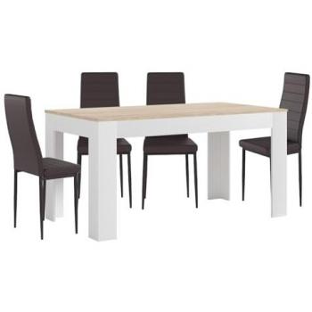 Mesa Extensible de Comedor o Cocina Blanca + 4 Sillas de Polipiel/Metal Marrón