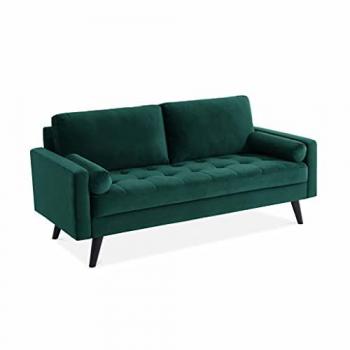 Sofá Escandinavo de Terciopelo Verde Inglés, 3 Plazas, Patas de Madera, Fijo