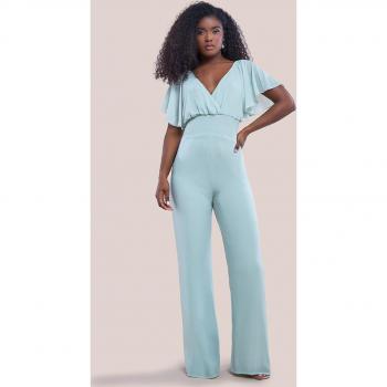 Goddiva Chiffon Jumpsuit With Flutter Sleeves - Sage Green