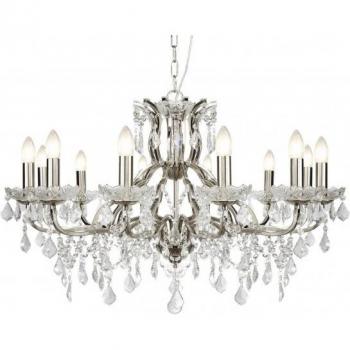 Lámpara de araña Paris de 12 luces, acabado en plata satinada, estructura de metal y vidrio transparente, compatible con bombillas E14