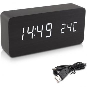 kwmobile Reloj Despertador Digital - Reloj de Madera Rectangular con luz LED - Activación táctil y por Sonido con indicador de Temperatura - Negro