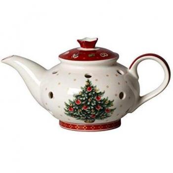 Portavelas de cerámica en forma de cafetera Toy's Delight de Villeroy & Boch, decoración roja y blanca, 9.0 H x 16.0 W x 9.5 D cm