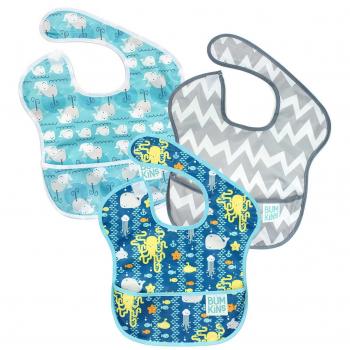 Hippychick Bumkins Super - Pack de 3 baberos para niños, diseño Sea Friends, Whales Away, Grey Chevron, 25 x 22 x 1 cm