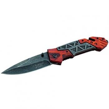 Navaja de Rescate Herbertz, Acero AISI 420, Liner Lock, Mango de Madera Pakkaholz Rojo, Cortador de Cinturón, Rompevidrios, Clip, Longitud Total