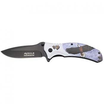 THIRD Navaja asistida K2809A, Mango de Aluminio con Imagen 3D a Doble Cara con Motivo de Águila, Hoja de Acero 420 de 10 cm