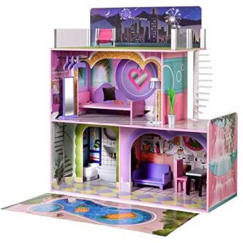 Olivia's Little World Kids Wooden Dreamland Sunset 3-Level Dollhouse Set - pink