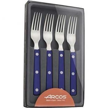 Arcos Serie Cuchillos de Mesa, Juego de Tenedores Chuleteros 4 piezas, Acero Inoxidable 18y10 y 195 mm, Mango Polioximetileno, POM Color Azul