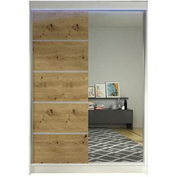 Armario Corredero Atlanta 149, Blanco y Roble Artisan, 200x120x58cm, con Espejo y LED, 5 Estantes