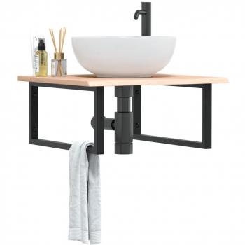 Estante de lavabo de pared de acero y madera maciza de roble