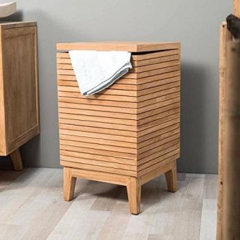 Cesto para ropa Wanda Collection de teca, diseño elegante y moderno, fabricado en madera de teca resistente al agua, ideal para baño o dormitorio, con capacidad adecuada para almacenamiento de ropa sucia
