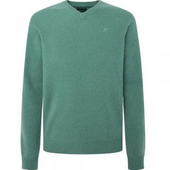 Jersey de hombre cuello pico de lana de cordero color verde seagrass con logo bordado