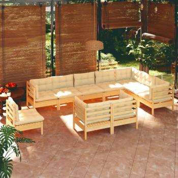 10-Piece Solid Pine Garden Lounge Set with Cream Cushions