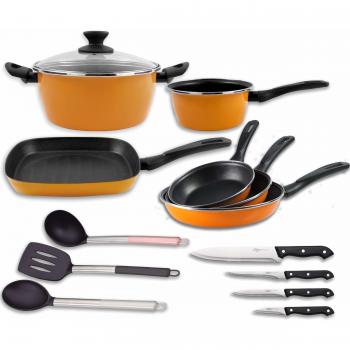 San Ignacio PK1469 SET Batería cocina SUNSET + UTENSILIOS + 4 CUCHILLOS, Acero al Carbono