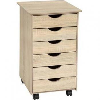 Cajonera Tectake de Madera con 6 Cajones y Ruedas, 65x36x40cm - Roble Claro
