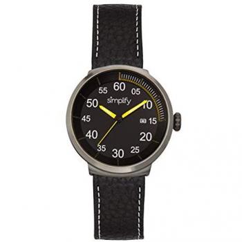 Simplify The 7100 Unisex Leather-Band Watch with Date - Black/Gunmetal/Yellow