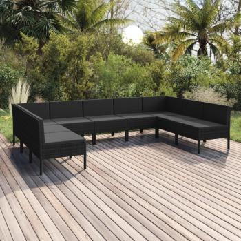9-Piece Black Poly Rattan Garden Lounge Set with Cushions