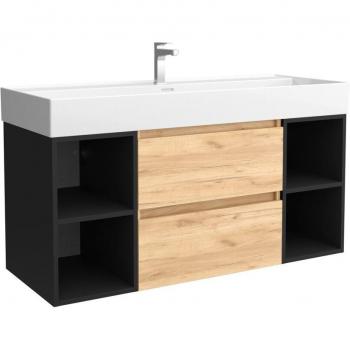 Mueble de baño Bequia 120 cm con 2 cajones, 2 coquetas laterales, 4 huecos y lavabo de porcelana en acabado roble y negro