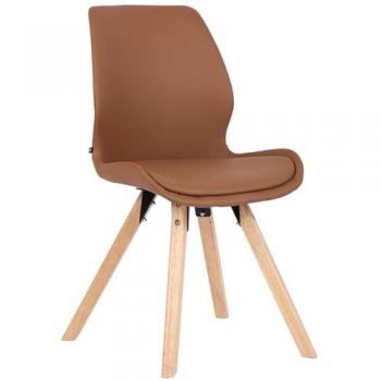 Silla de salón Luna con asiento acolchado en simil cuero marrón claro y base de madera
