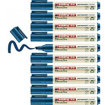 Edding 22 EcoLine marcador permanente - azul - 10 rotuladores - punta biselada 1-5mm - indeleble de secado rápido - resistente al agua y los borrones - cartón plástico madera metal tela - universal