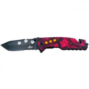Navaja de seguridad Third K2801CRDS con mango de Aluminio recubierto en camo rojo y hoja de Acero 420 de 10.2 cm, incluye sierra, cutter cinturón de seguridad y punta rompevidrio