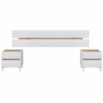 Cabecero con 2 mesitas Tempus color Roble Nodi y Blanco Artik, estilo nórdico, dimensiones 240 - 265 x 100 x 35 cm, material melamina de madera clara y blanca